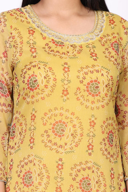 W for Woman Yellow Floral Thread Work A-Line Chiffon Kurta