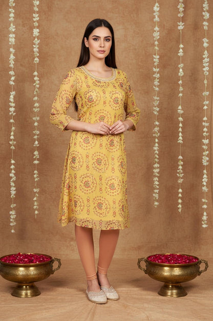 W for Woman Yellow Floral Thread Work A-Line Chiffon Kurta