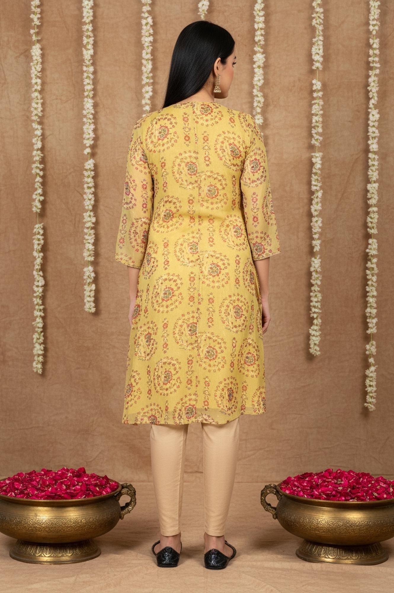 W for Woman Yellow Floral Thread Work A-Line Chiffon Kurta