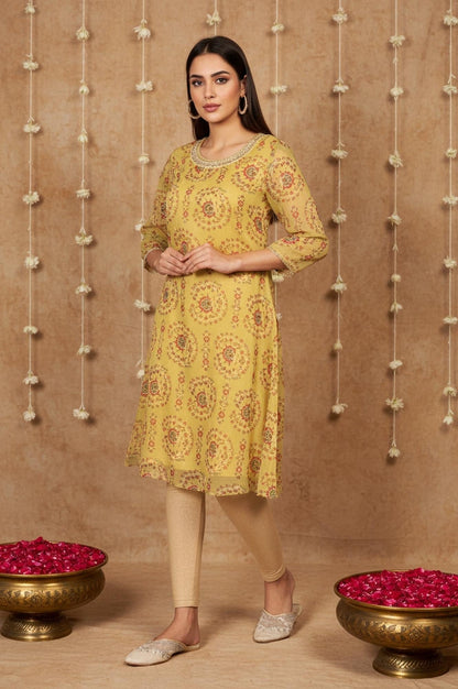 W for Woman Yellow Floral Thread Work A-Line Chiffon Kurta