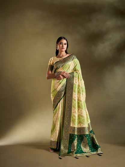 Joban Fashion Cream & Light Green Plain With Weaving Border Banarasi Silk Sarees