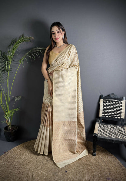 Joban Fashion Off White Banarasi Soft Lichi Silk Checks & Woven Saree