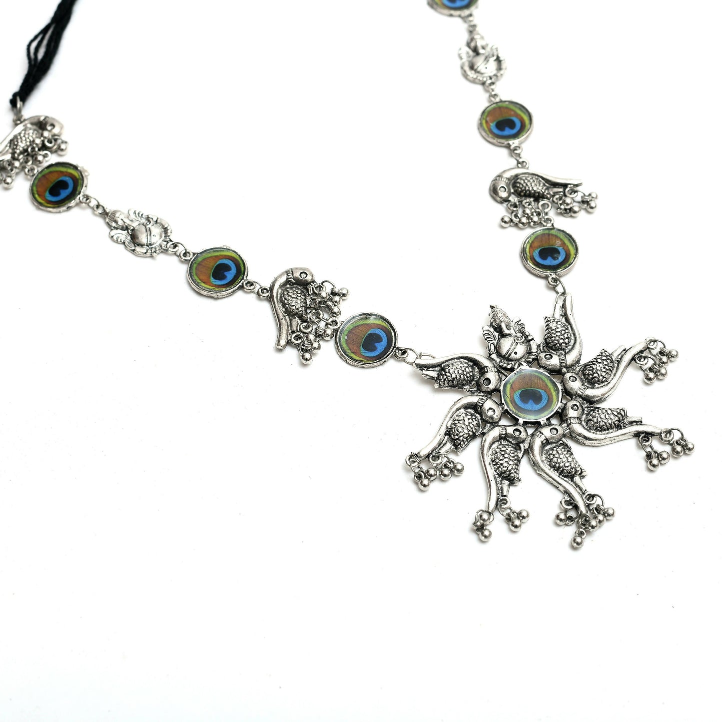 Mominos Fashion Johar Kamal Oxidised Silver-Plated Brass Finish Peacock Design Long Necklace Set For Women