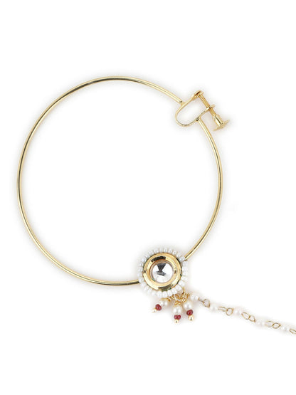 Gold-Polished white kundan nosepin - Ruby Raang