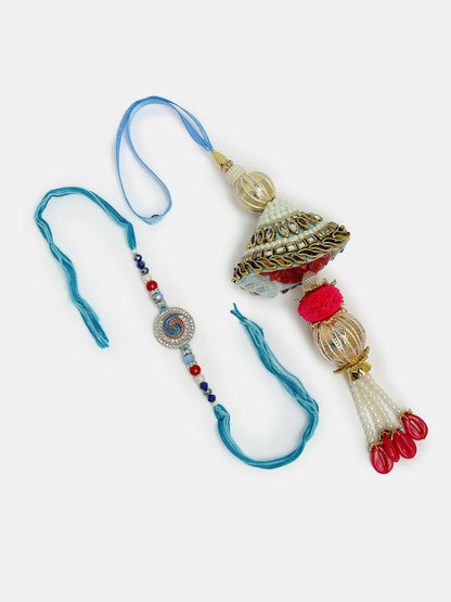 NVR Women & Men Set of 2 Blue Kundan-Studded & Beaded Bhaiya Bhabhi Rakhi With Roli Chawal