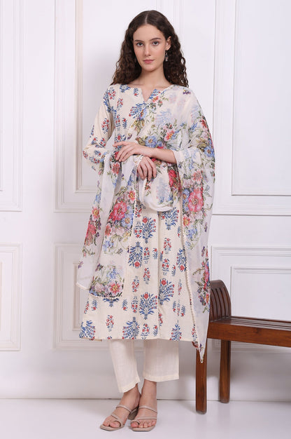 W for Woman White Floral Printed Chiffon Dupatta with Lace