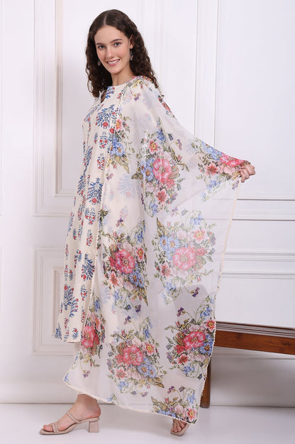 W for Woman White Floral Printed Chiffon Dupatta with Lace