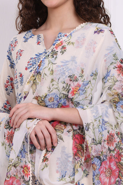 W for Woman White Floral Printed Chiffon Dupatta with Lace