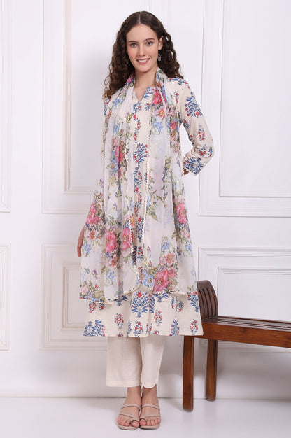 W for Woman White Floral Printed Chiffon Dupatta with Lace