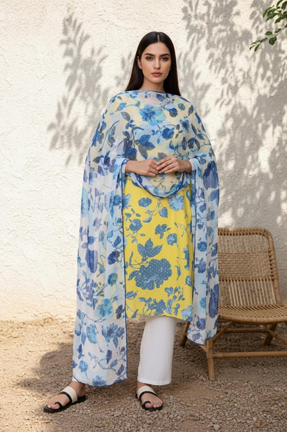 W for Woman Blue Floral Printed Chiffon Dupatta with Lace