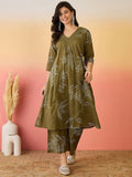 Sangria Green Floral Printed V-Neck A-Line Pure Cotton Kurta Set