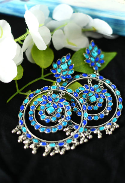Mominos Fashion Johar Kamal Women's Blue Kundan Circles Earrings