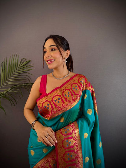 Elora Teal Soft Silk Butti Zari Weaving Constrast Pallu Banarasi Saree
