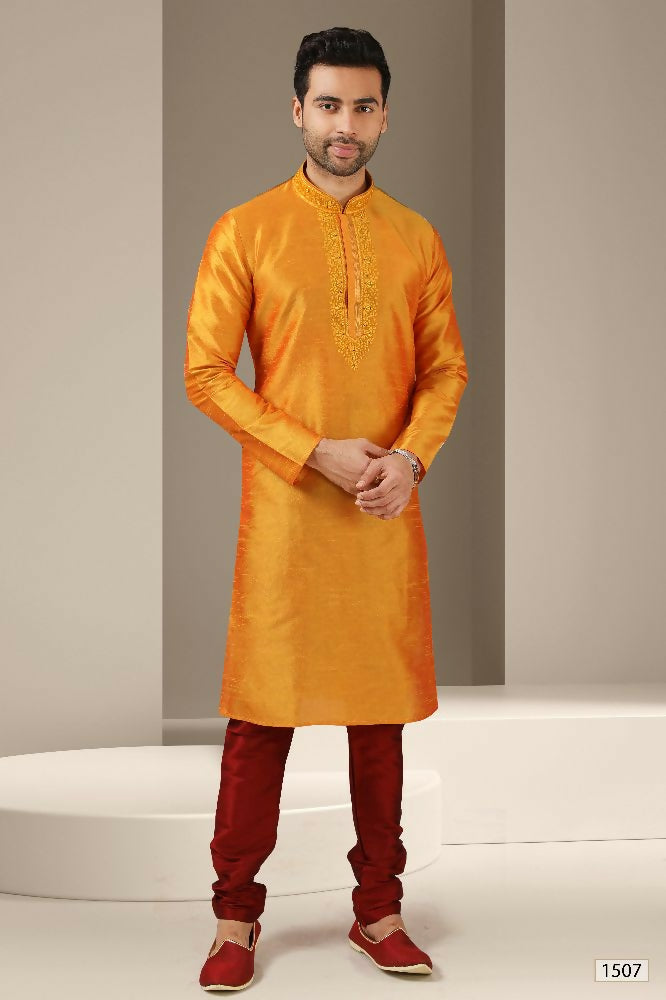 Raivat Ethnic Banarasi Art Silk Mirror Work Kurta Pajama In Mustard Colour