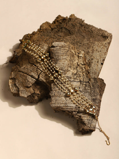 Gold-Polished White Kundan-Studded Pearl Head Chains - Ruby Raang