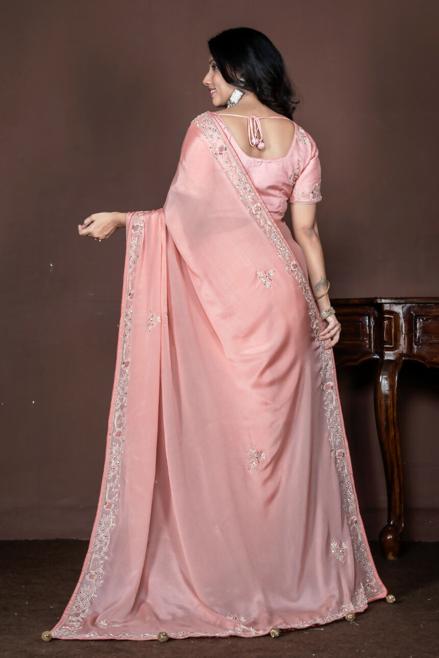 Morchari Peach Chiffon Hand Embroidery Saree Stitched Blouse