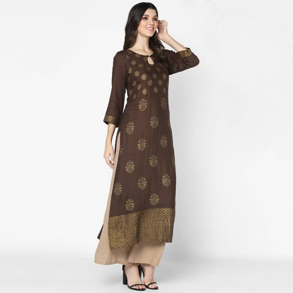 Indian Clothing Cheera Hand Block Print Brown A Line Kurta (MAAI-055K)