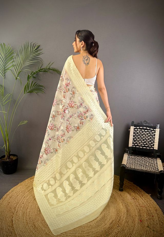 Elora Grey Silk Floral Motifs Coppery Tone Contrast Floral Border Banarasi Saree