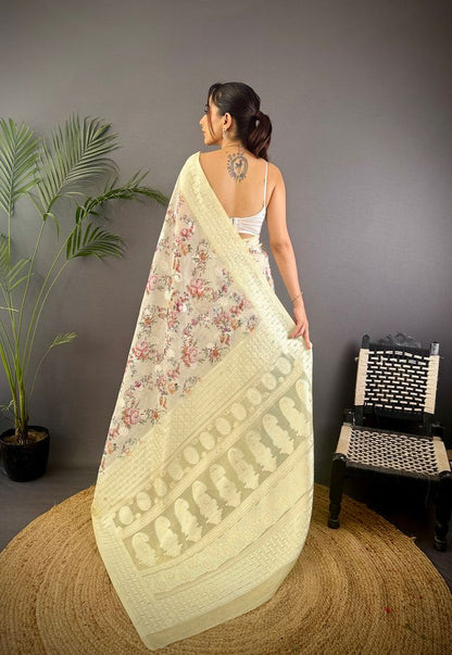 Elora Grey Silk Floral Motifs Coppery Tone Contrast Floral Border Banarasi Saree