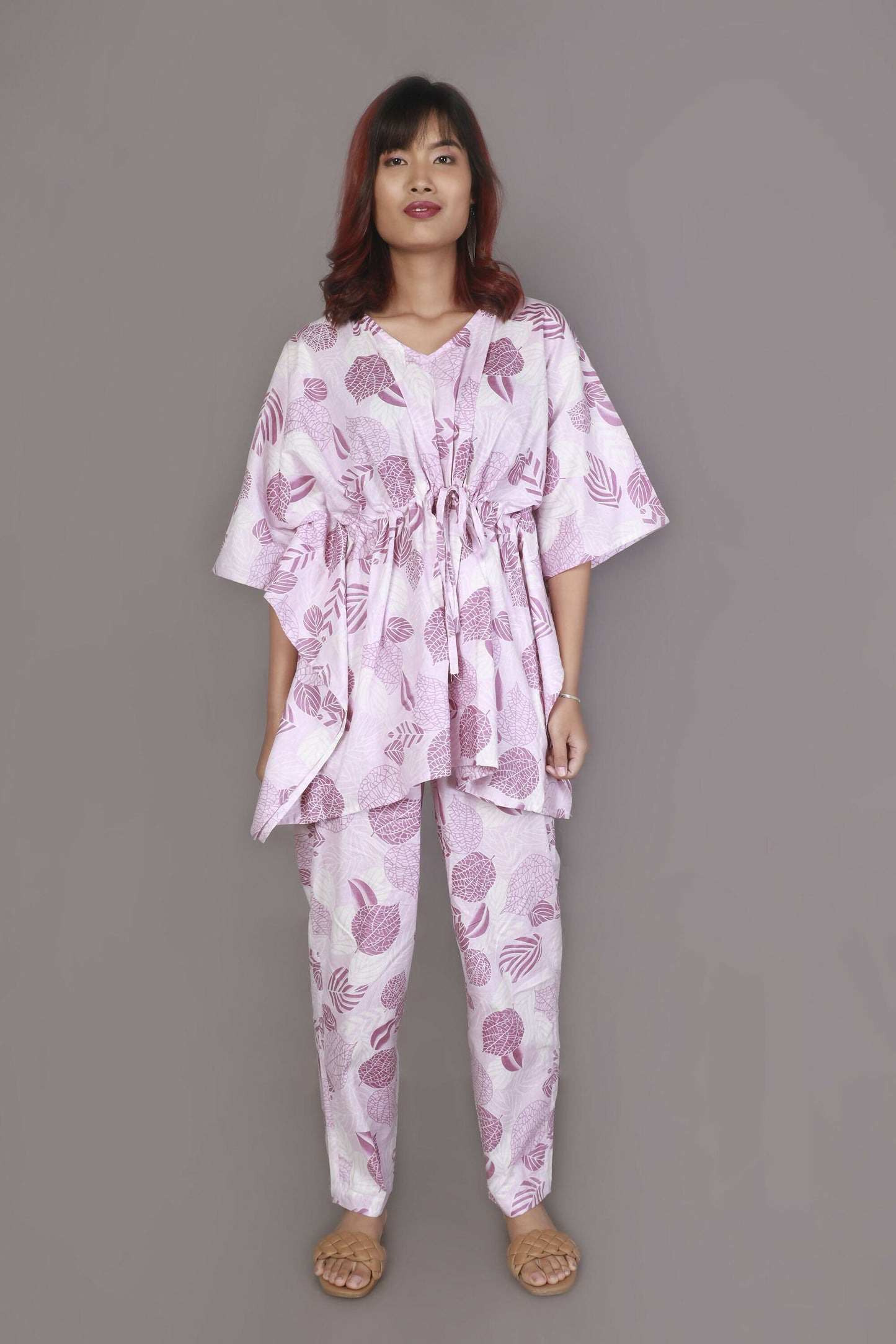 Breathables Women’S Loungewear Kaftan Cotton Pink Nature-Inspired Print Co-Ord Set