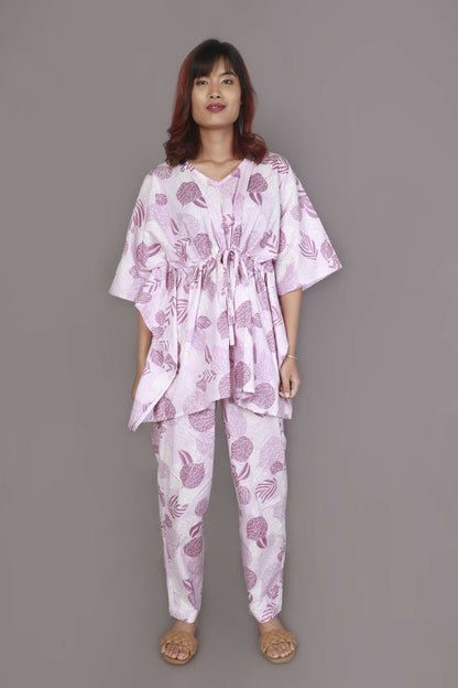 Breathables Women’S Loungewear Kaftan Cotton Pink Nature-Inspired Print Co-Ord Set