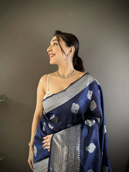 Joban Fashion Navy Blue Floral Motifs Soft Silk Banarasi Saree
