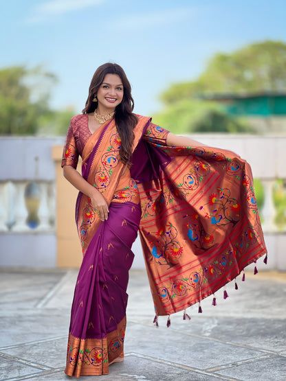 Mameraa Sarees Wine Faux Banarasi Silk Saree With Paithani Rich Weaved Pallu And Blouse-Wine