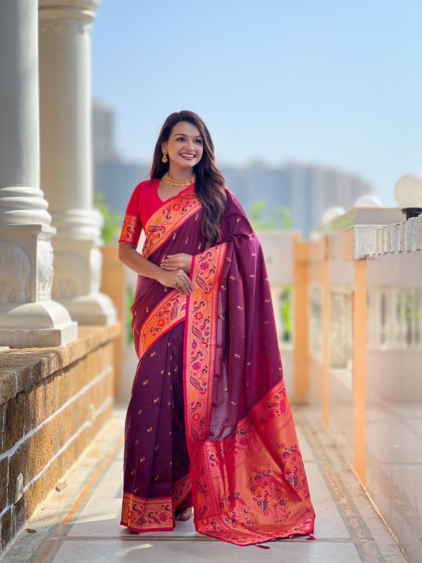Mameraa Sarees Wine Faux Banarasi Silk Saree With Paithani Rich Weaved Pallu And Blouse-Wine