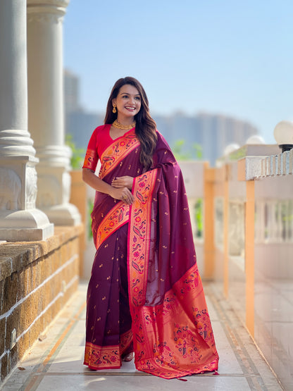 Mameraa Sarees Wine Faux Banarasi Silk Saree With Paithani Rich Weaved Pallu And Blouse-Wine