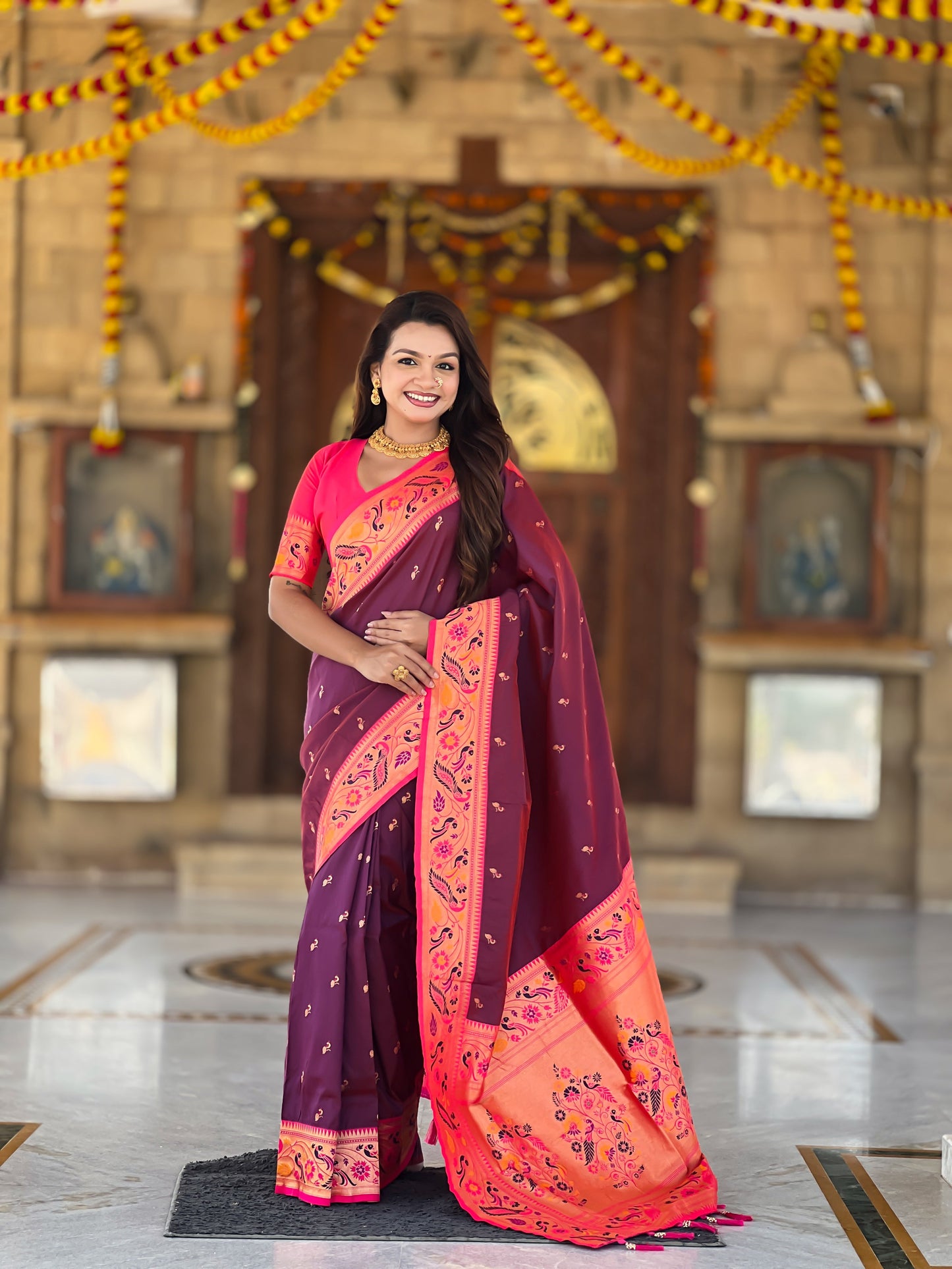 Mameraa Sarees Wine Faux Banarasi Silk Saree With Paithani Rich Weaved Pallu And Blouse-Wine