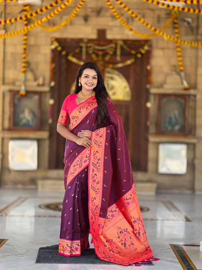 Mameraa Sarees Wine Faux Banarasi Silk Saree With Paithani Rich Weaved Pallu And Blouse-Wine
