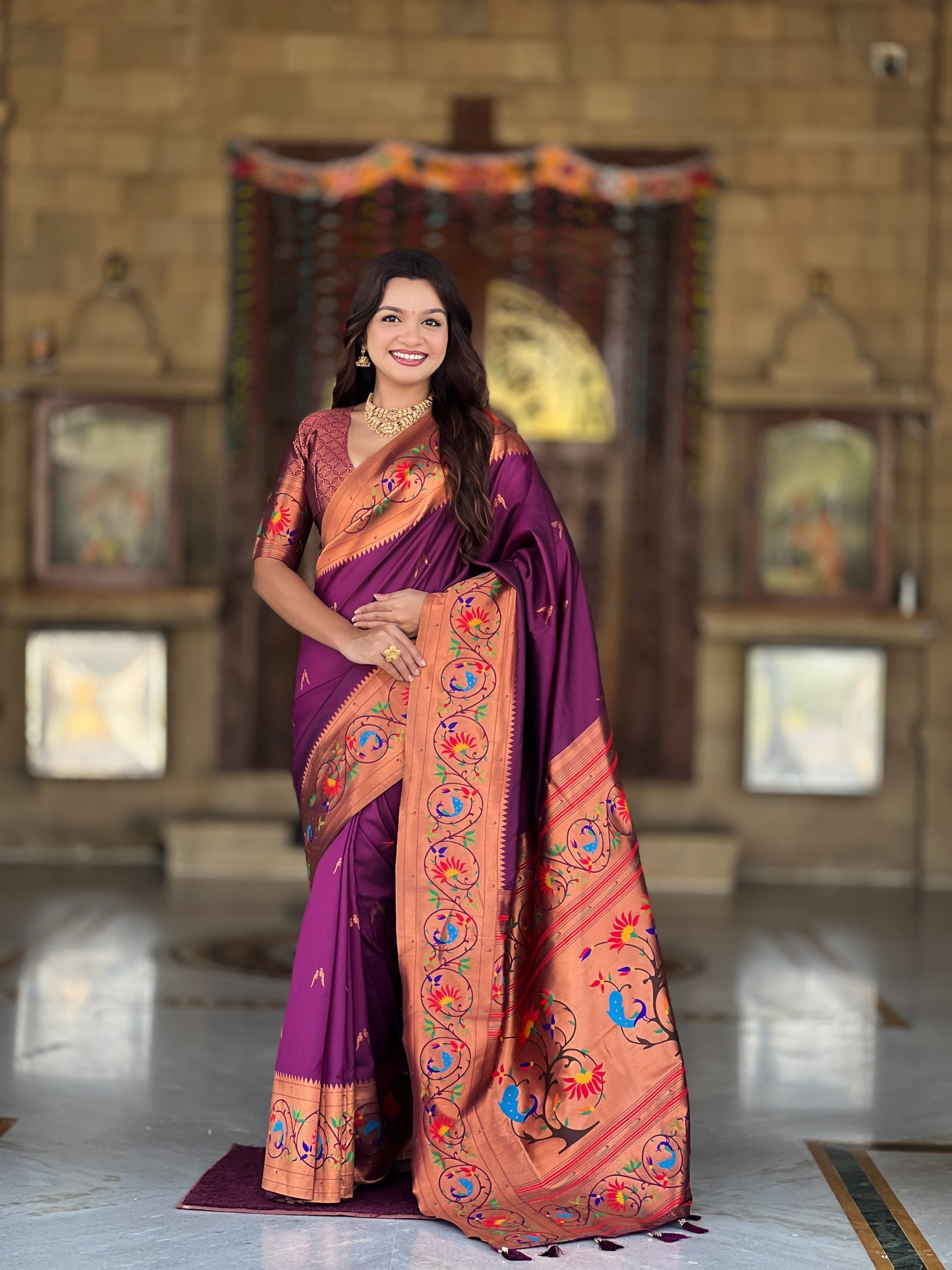 Mameraa Sarees Wine Faux Banarasi Silk Saree With Paithani Rich Weaved Pallu And Blouse-Wine