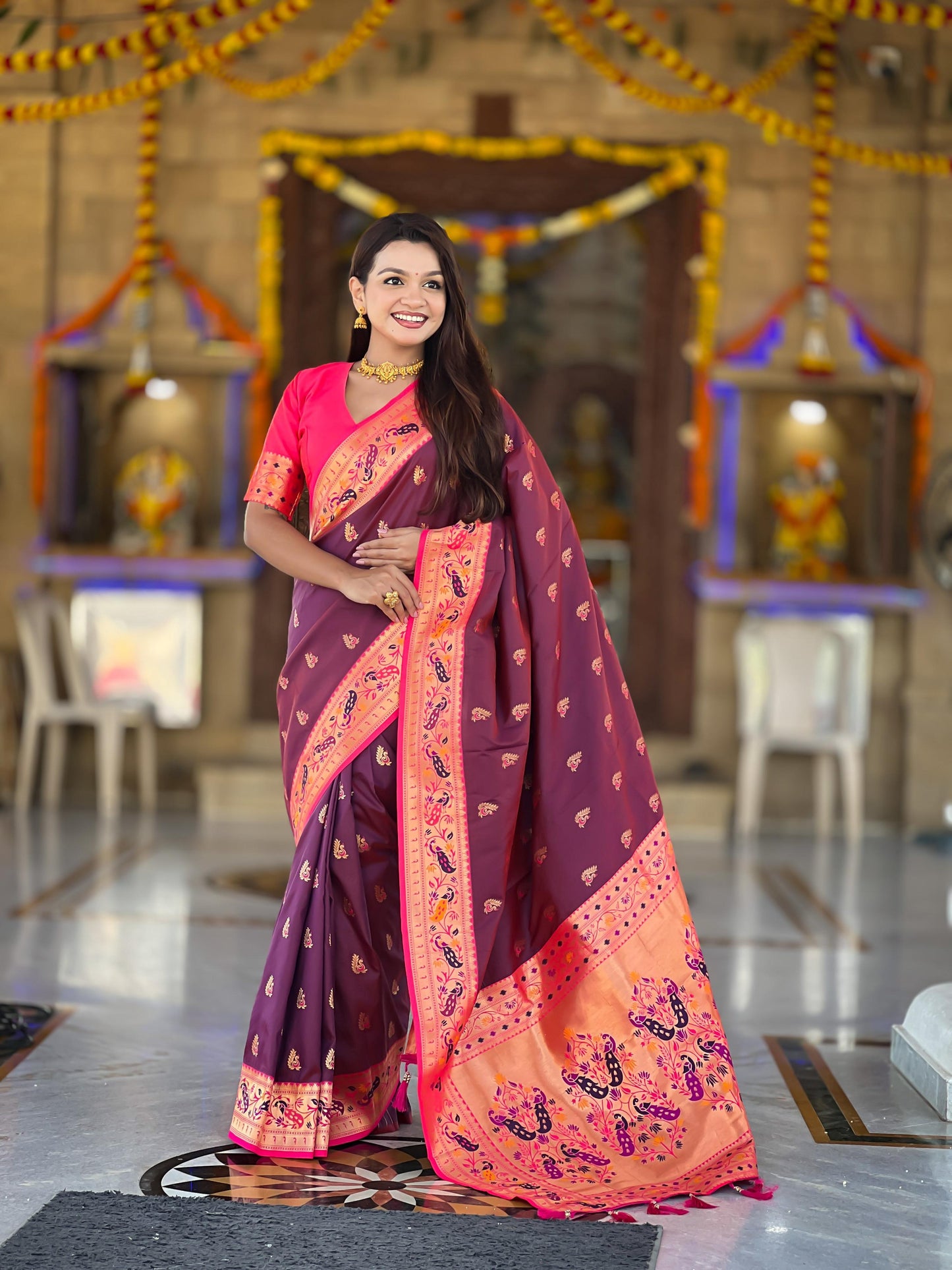 Mameraa Sarees Wine Faux Banarasi Silk Saree With Paithani Rich Weaved Pallu And Blouse-Wine