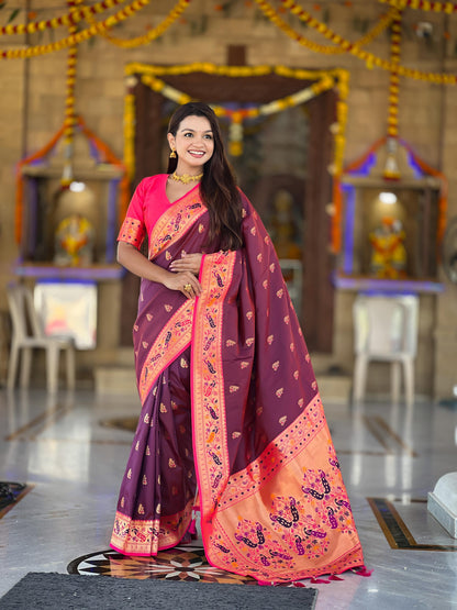 Mameraa Sarees Wine Faux Banarasi Silk Saree With Paithani Rich Weaved Pallu And Blouse-Wine