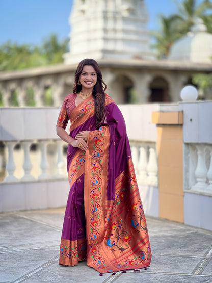 Mameraa Sarees Wine Faux Banarasi Silk Saree With Paithani Rich Weaved Pallu And Blouse-Wine