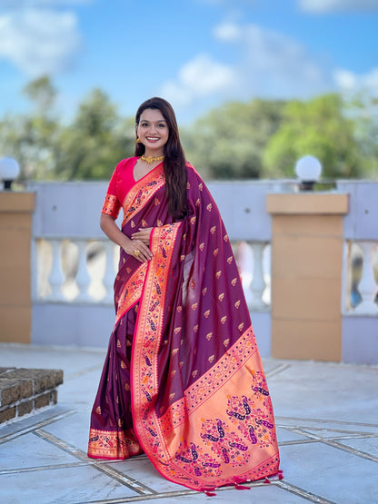 Mameraa Sarees Wine Faux Banarasi Silk Saree With Paithani Rich Weaved Pallu And Blouse-Wine