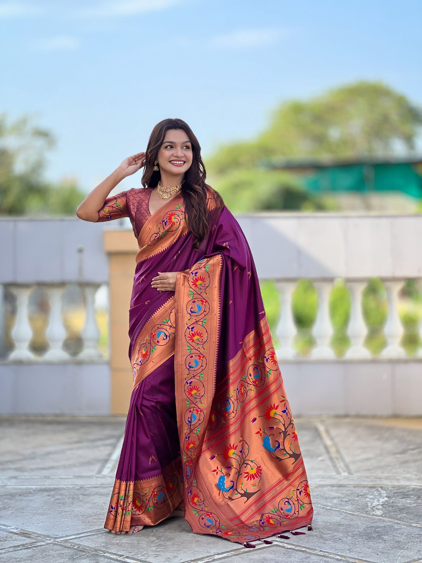 Mameraa Sarees Wine Faux Banarasi Silk Saree With Paithani Rich Weaved Pallu And Blouse-Wine