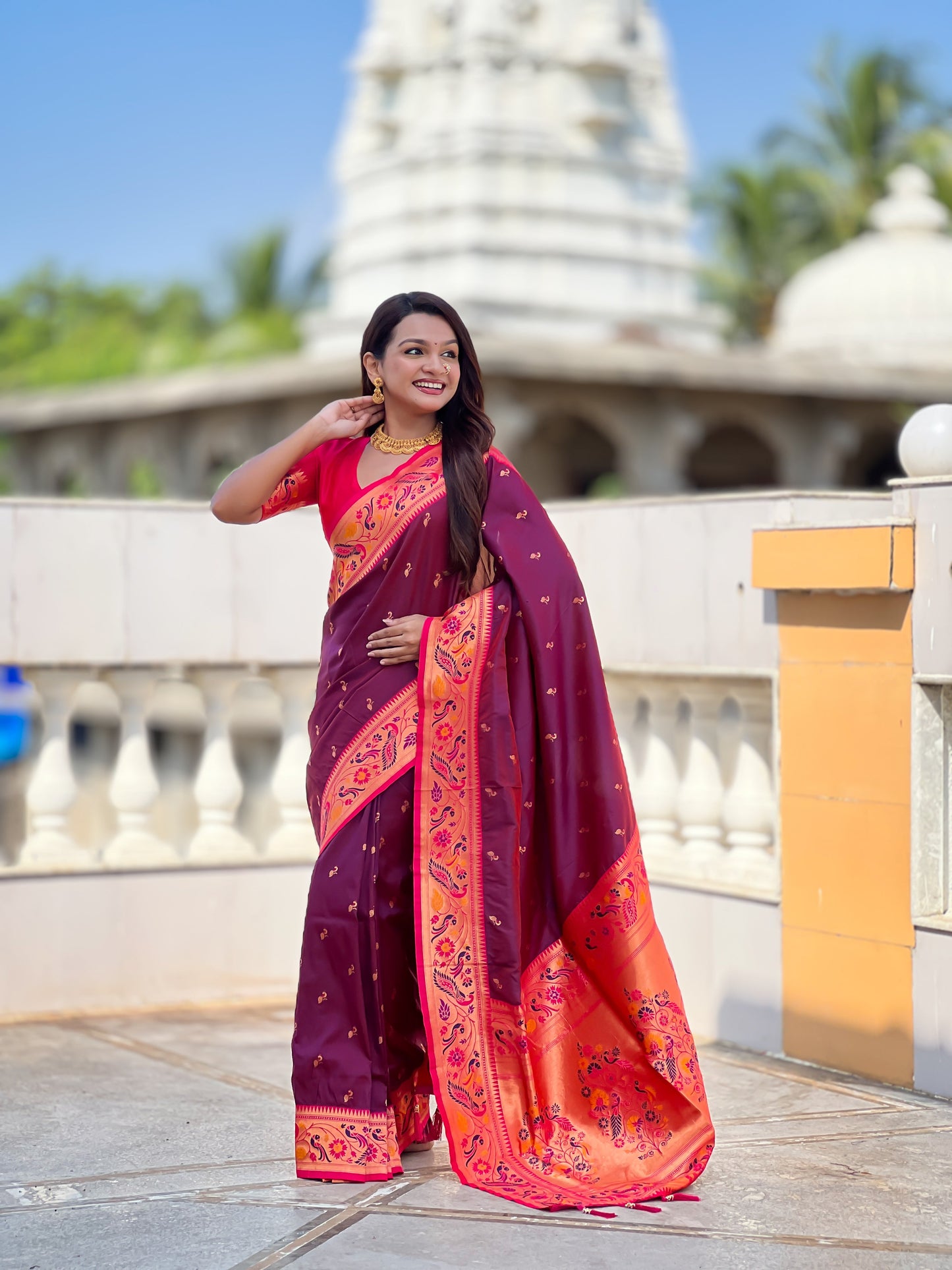 Mameraa Sarees Wine Faux Banarasi Silk Saree With Paithani Rich Weaved Pallu And Blouse-Wine