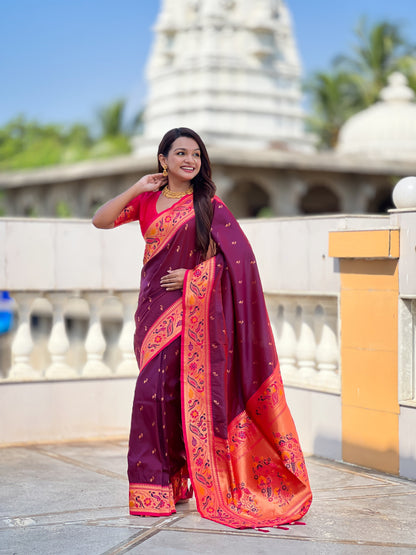 Mameraa Sarees Wine Faux Banarasi Silk Saree With Paithani Rich Weaved Pallu And Blouse-Wine