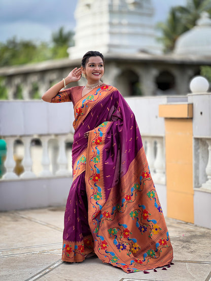 Mameraa Sarees Wine Faux Banarasi Silk Saree With Paithani Rich Weaved Pallu And Blouse-Wine