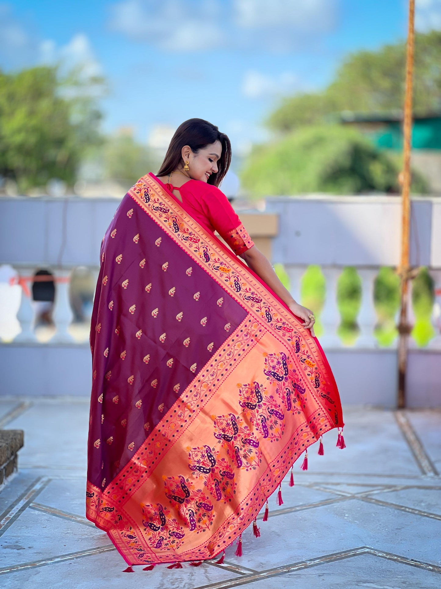 Mameraa Sarees Wine Faux Banarasi Silk Saree With Paithani Rich Weaved Pallu And Blouse-Wine