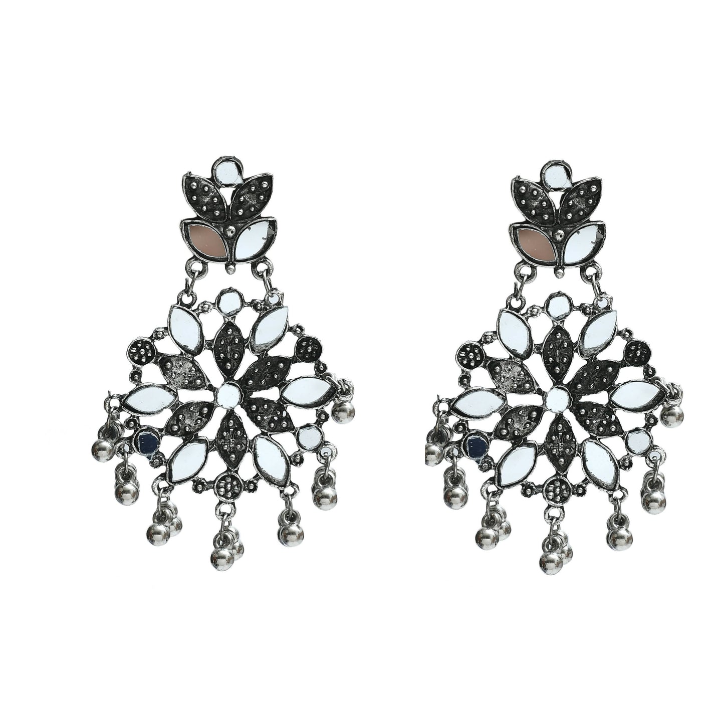 Mominos Fashion Johar Kamal Oxidised Silver-Plated Mirror Work Long Necklace Set