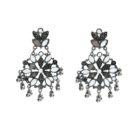 Mominos Fashion Johar Kamal Oxidised Silver-Plated Mirror Work Long Necklace Set