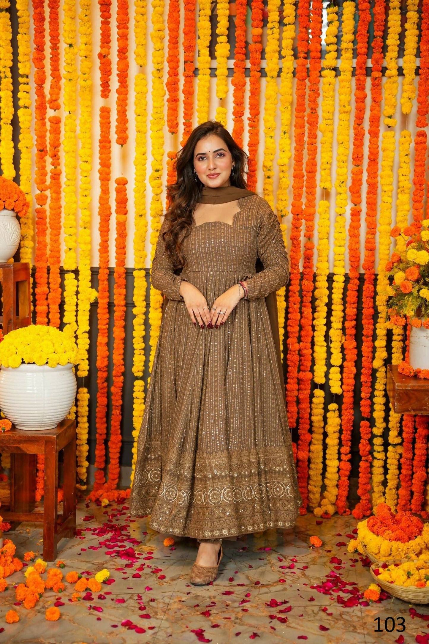 Aayaa Designer Embroidery Zari Sequins Work Faux Blooming Georgette Suit - Brown