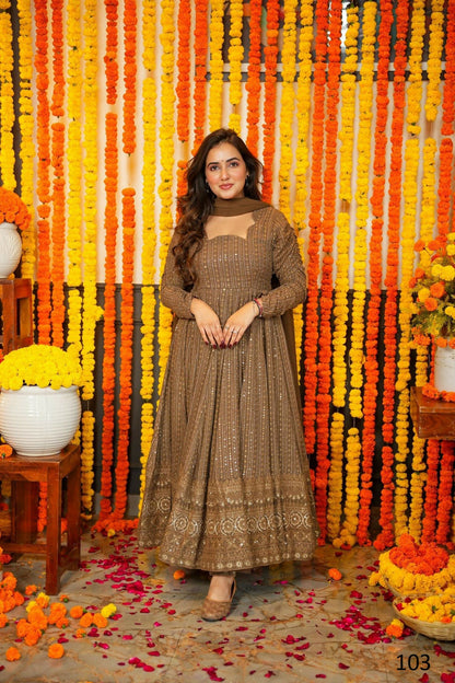Aayaa Designer Embroidery Zari Sequins Work Faux Blooming Georgette Suit - Brown