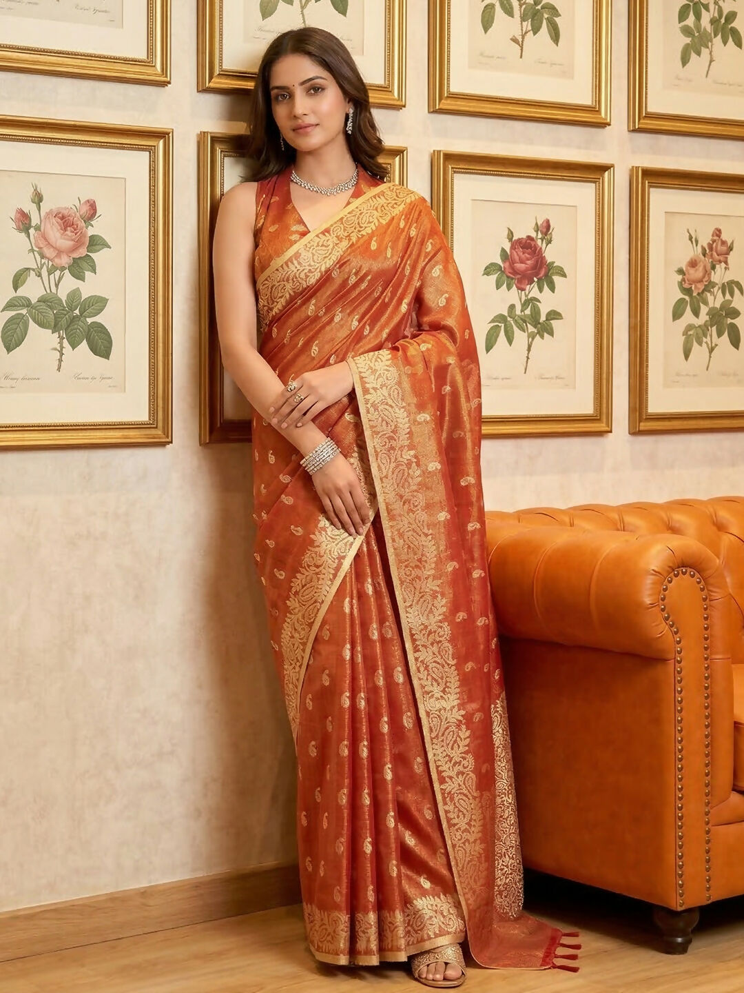 Shree Shyam Fashion Rust Tissue Silk Saree
