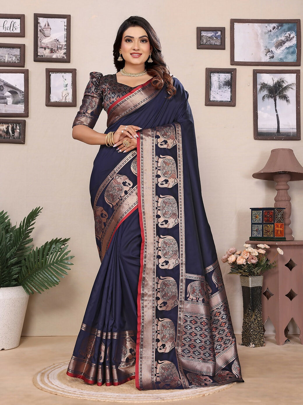 Joban Fashion Dark Blue Solid Banarasi Silk Sarees