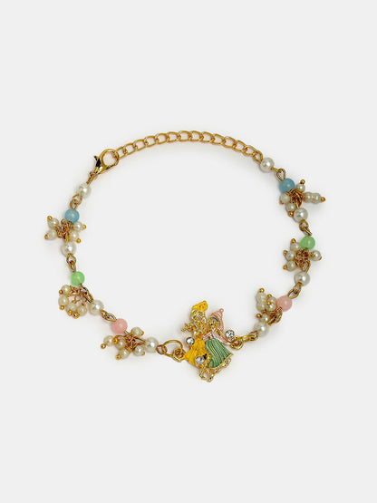 NVR Women & Men Set of 2 Multicolor Gold-Toned Radha Krishna Beaded Bhaiya Bhabhi Rakhi With Roli Chawal & Chocolate