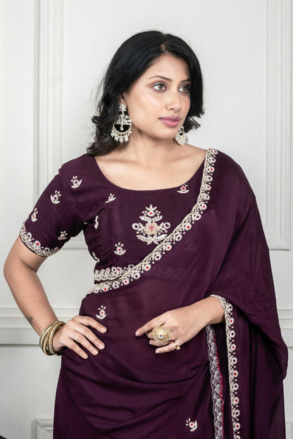 Morchari Wine Chiffon Hand Embroidery Saree And Stitched Blouse