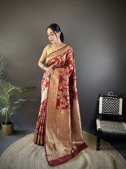 Joban Fashion Maroon Floral & Ethnic Motifs Design Soft Silk Meenakari Banarasi Saree